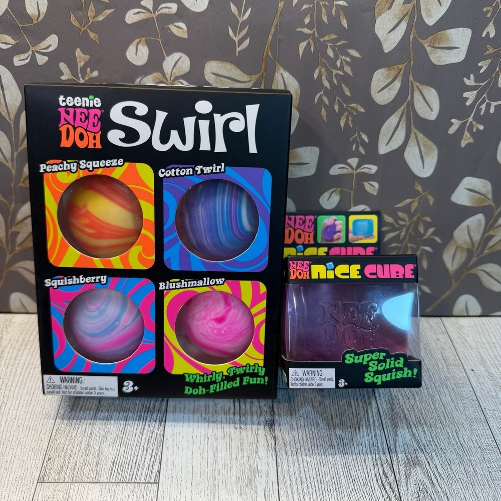 NeeDoh Teenie SWIRL Multicolor 4 Pack PLUS Nice cube Purple Squishy Toy Sensory